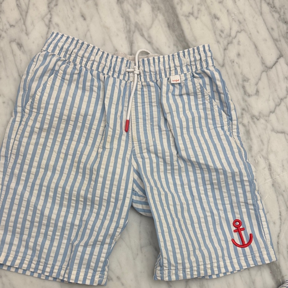 EUC Seersucker Stripe Swim Shorts with Anchor Embroidery - Blue/White sz 8-10